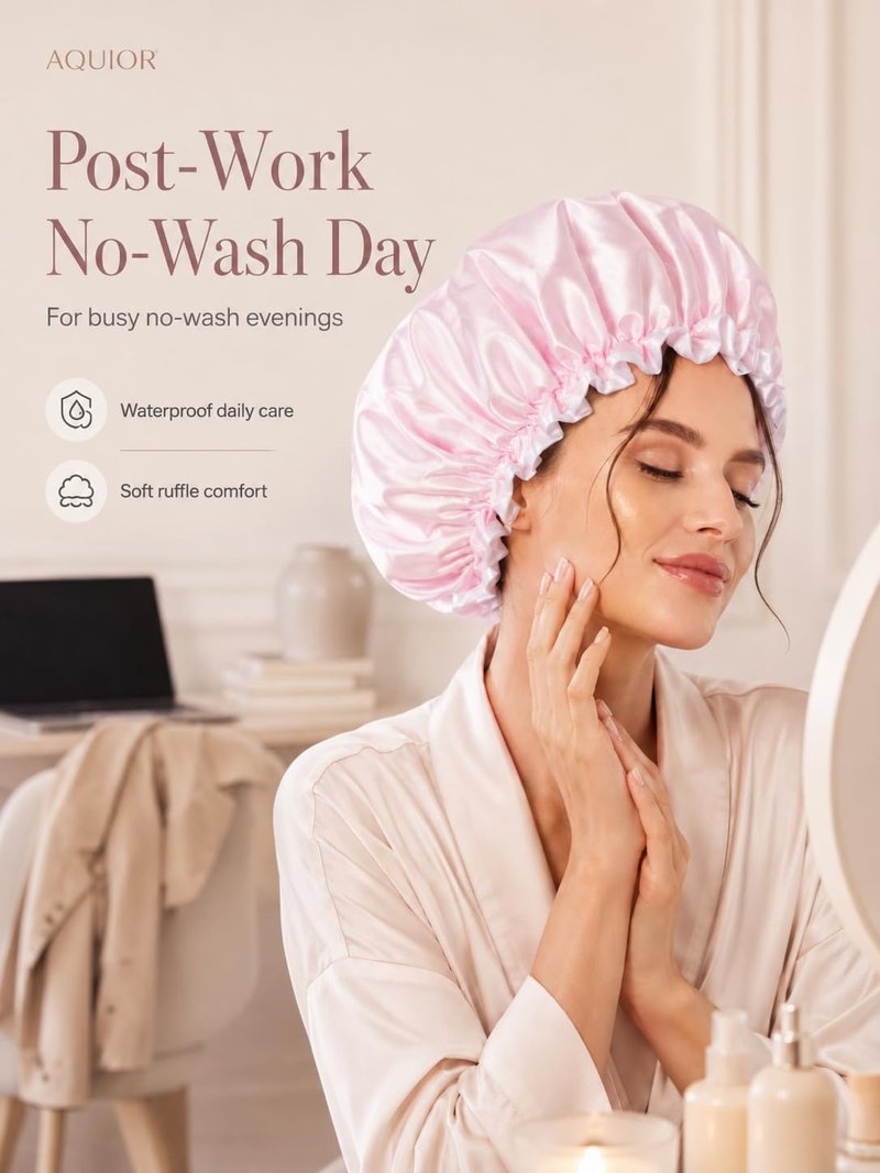 Aquior Shower Cap for Women, Waterproof Reusable Hair Cap with Soft Elastic, Large Size for Long Hair, Cute Pink Bath Cap for Shower, Skincare, Cooking, Spa and Travel Use