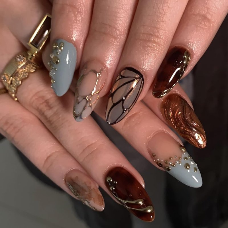 Skiennix 3D Butterfly Wings Press-On Nails - Blue & Brown Almond Shape | Reusable Acrylic with Adhesive Tabs