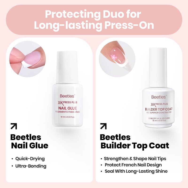 Beetles Fast Dry Nail Glue & Builder Top Coat Set, Strong Hold Nail Glue for Press-On Nails, High Shine Builder Top Coat for French Tips