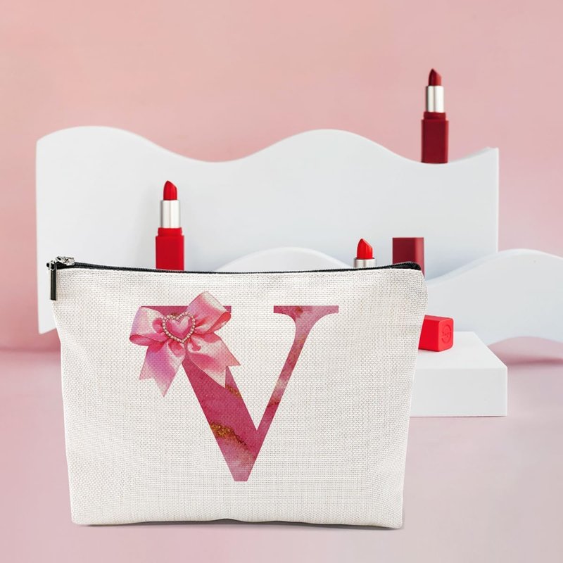 Personalized Initial Makeup Bag - Cute Monogram Bow Travel Toiletry Organizer | Pink Cosmetic Pouch for Women & Girls