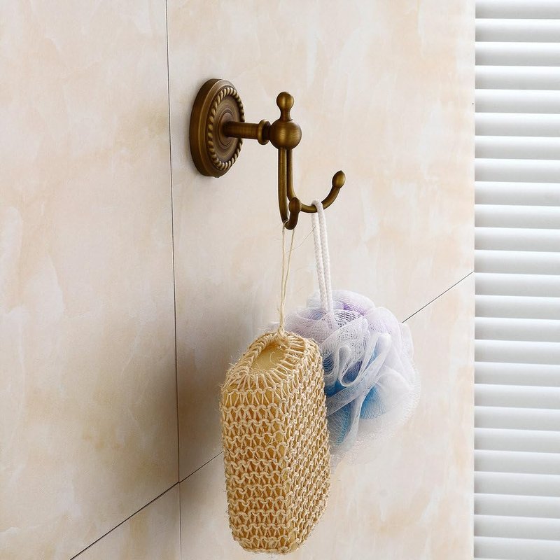Kelelife Antique Brass Towel Hook, Screw-Mounted Shower Wall Hook, Wall-Mounted Bathroom Hook for Hanging Clothes & Robes, Vintage Brass Twist Series Long-Handle Double Hook
