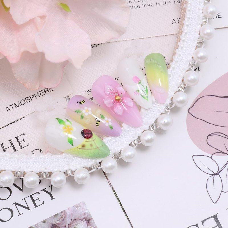 24Pcs 3D Floral Press on Nails Almond Shape Spring Cute Fake Nails with Bee Ladybug Design French Tip Acrylic False Nails Medium Length Reusable Stick on Nails Full Cover Artificial Nails for Women