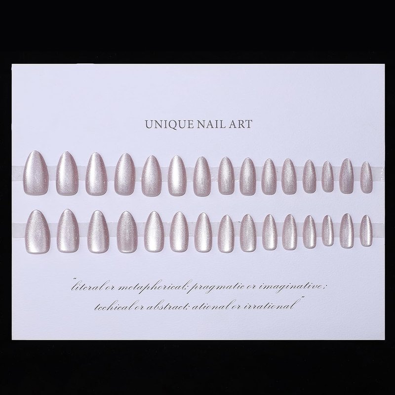 Almond Press on Nails Medium Fake Nails White Nails Press ons with Design Reusable Artificial Nail Full Cover Stick on Nails for Women Manicure 24Pcs