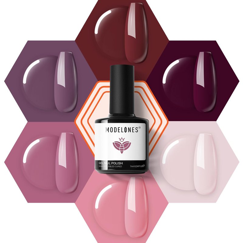 modelones Gel Nail Polish- 6 Colors Pink Brown Burgundy Red Gel Polish Set Peach Pastel Pink Nail Polish Kit Soak Off Manicure Set Nail Art Gift for Women DIY Home Salon