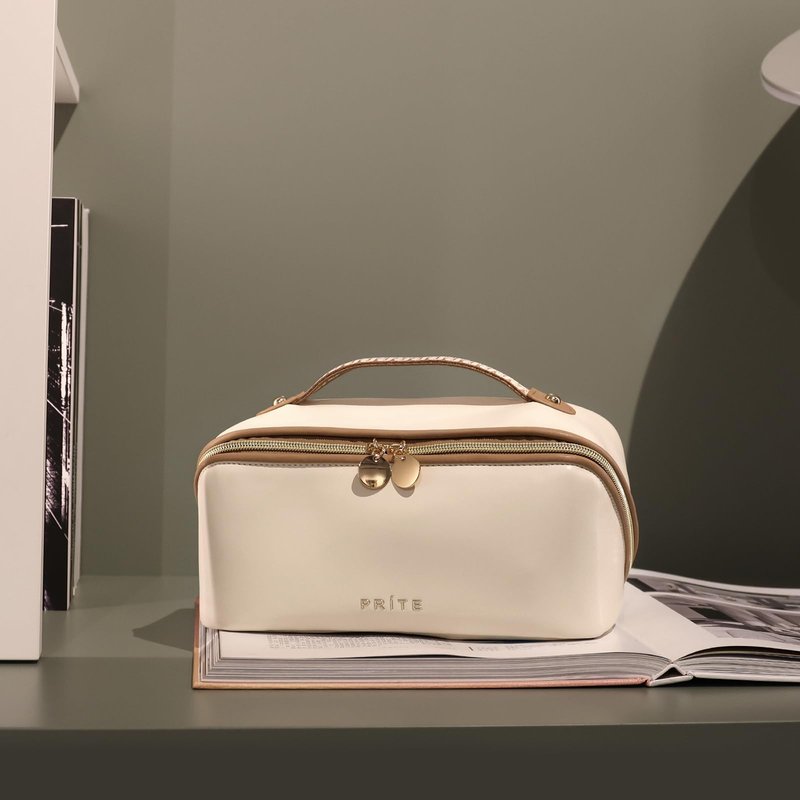 Prite Makeup Bag for Women Travel Waterproof Vegan Leather Cosmetic Bag Open Flat Toiletry Bag With Clear Divider and Handle (Beige, Medium)