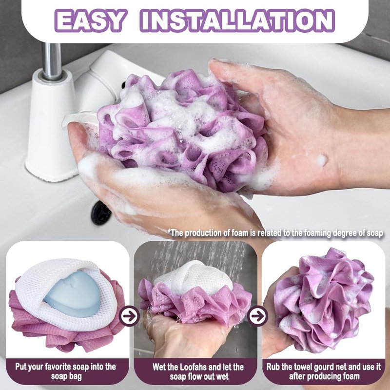 3 Pack Bath Loofah Shower with Soap Bags, Dual-Use Exfoliating Bath Sponges Soap Saver for Women & Men, Gentle Body Scrubber (White, Gray, Purple)