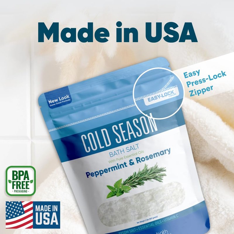 Cold Season Bath Salt 32 Ounces (2 Lbs) USP Grade Epsom Salt with Natural Rosemary and Peppermint Pure Essential Oils Plus Vitamin C in BPA Free Pouch with Easy Press Lock Seal Made in USA