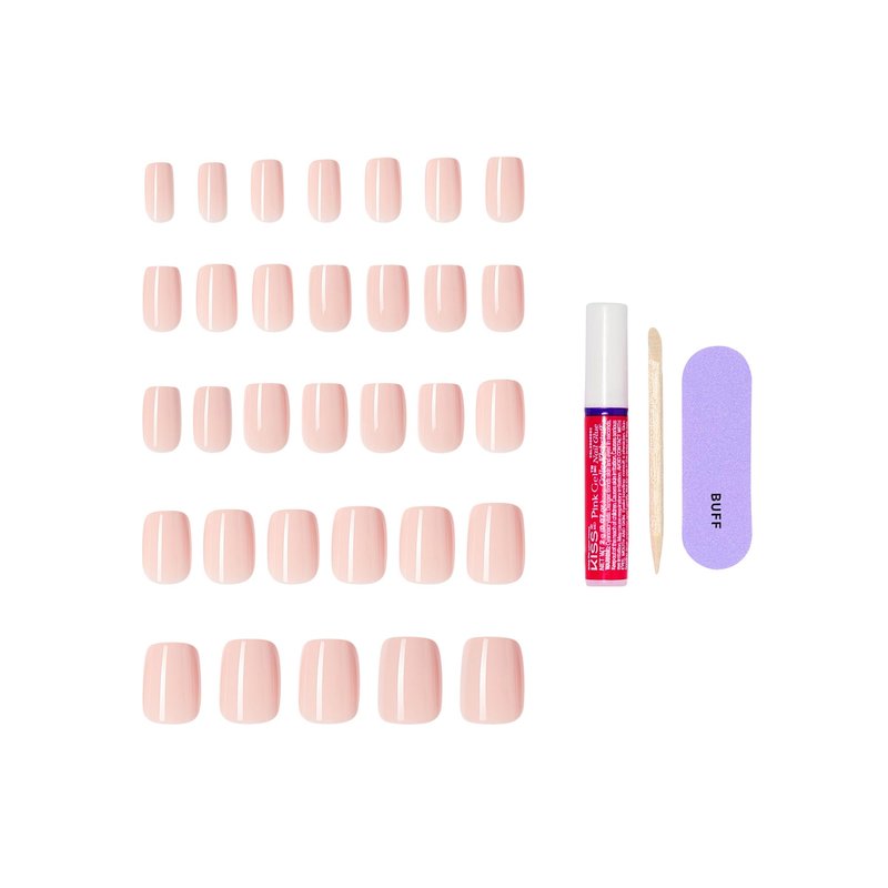 Kiss Core, Press On Nails, Nail glue included, 'Aesthetic', Pink, Short Size, Squoval Shape, Includes 32 Nails, 2g Glue, 1 Manicure Stick, 1 Mini File
