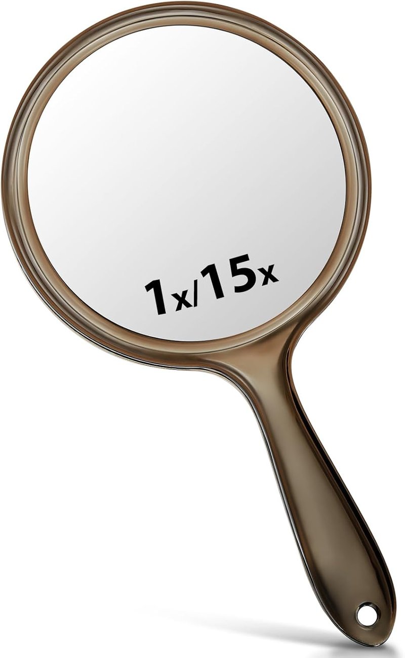 Macaki Double-Sided Handheld Mirror - 1X/15X Magnification for Travel & Makeup | 10.5" L x 5.7" W, Transparent Black