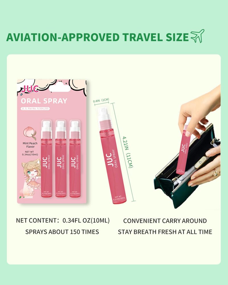 3 Count Mint Breath Spray Mouth Spray Breath Freshener Oral Care for All Ages 0.33OZ (10ML) Mint Peach Flavor