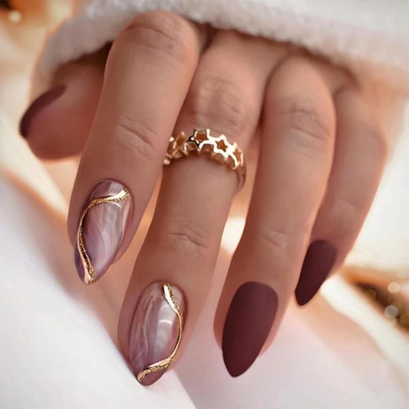 144Pcs Press on Nails Medium Almond Fake Nails French Tip False Nails with Designs Stick on Nails Full Cover Acrylic Nail for Women Manicure 6 Packs