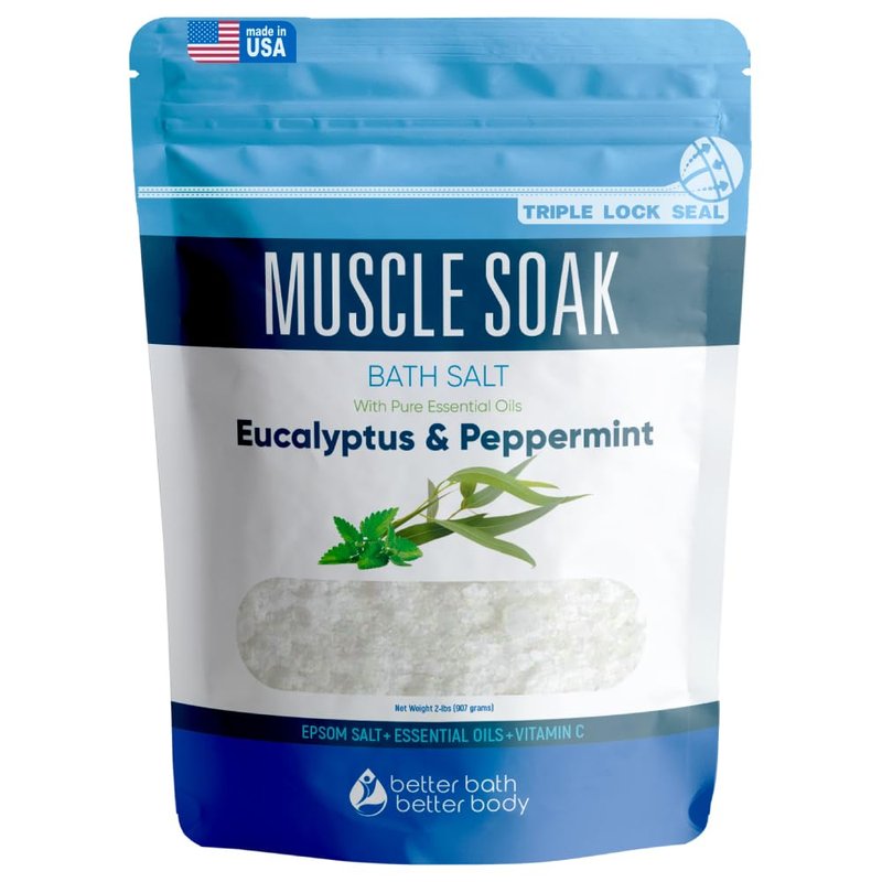 Muscle Soak Bath Salt 128 Ounces Epsom Salt with Natural Peppermint and Eucalyptus Essential Oils Plus Vitamin C in BPA Free Pouch with Easy Press-Lock Seal