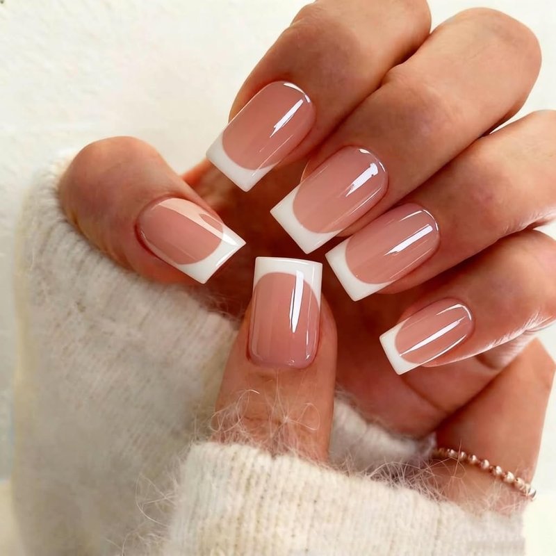 KXAMELIE Press On Nails Short Medium - Square French Tip Press On Nails with Glue, Natural Nude Fake Nails in 15 Sizes - 30 Soft Gel Glue on Nails Kit for Women, Supremely Fit, Elegant White French