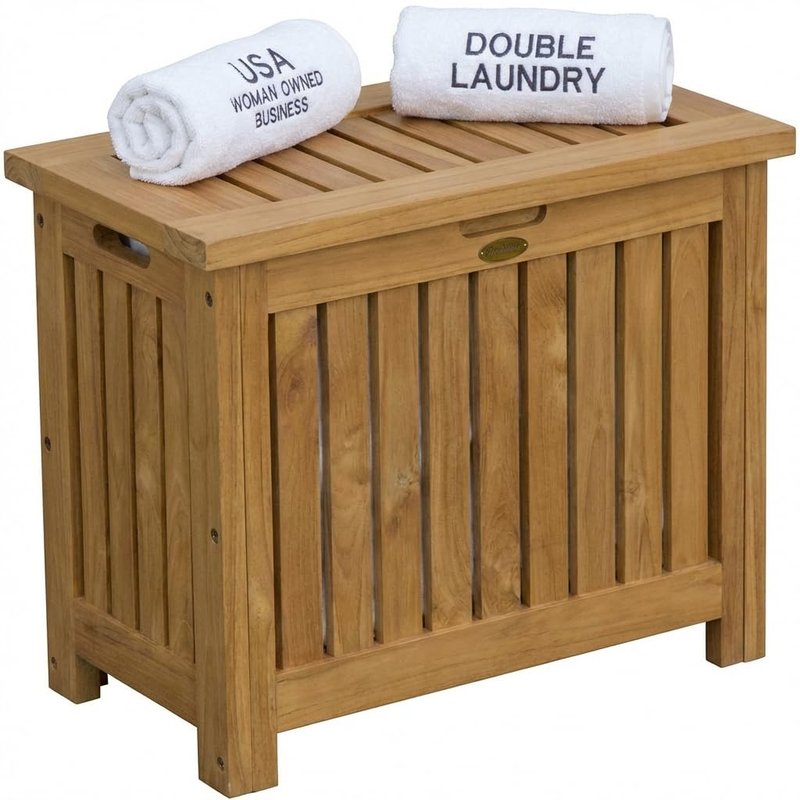 DecoTeak Solid Hamper in Natural Teak, Solid Bench in Natural Teak, 23 inch W x 12.5 inch D x 18.5 inch H