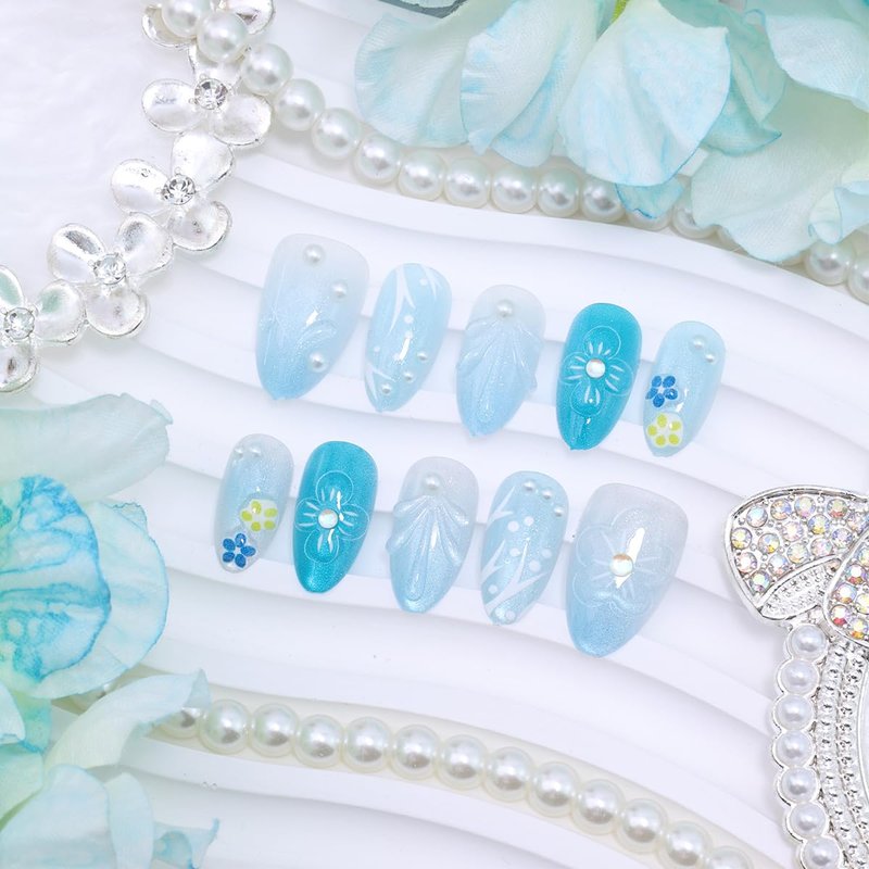 30Pcs Blue French Tip Press on Nails Short Almond Fake Nails 3D Flower with Pearl Glitter Full Cover Glue on Nails Summer Beach False Nails Artificial Reusable Cute Stick on Nail for Acrylic Manicure