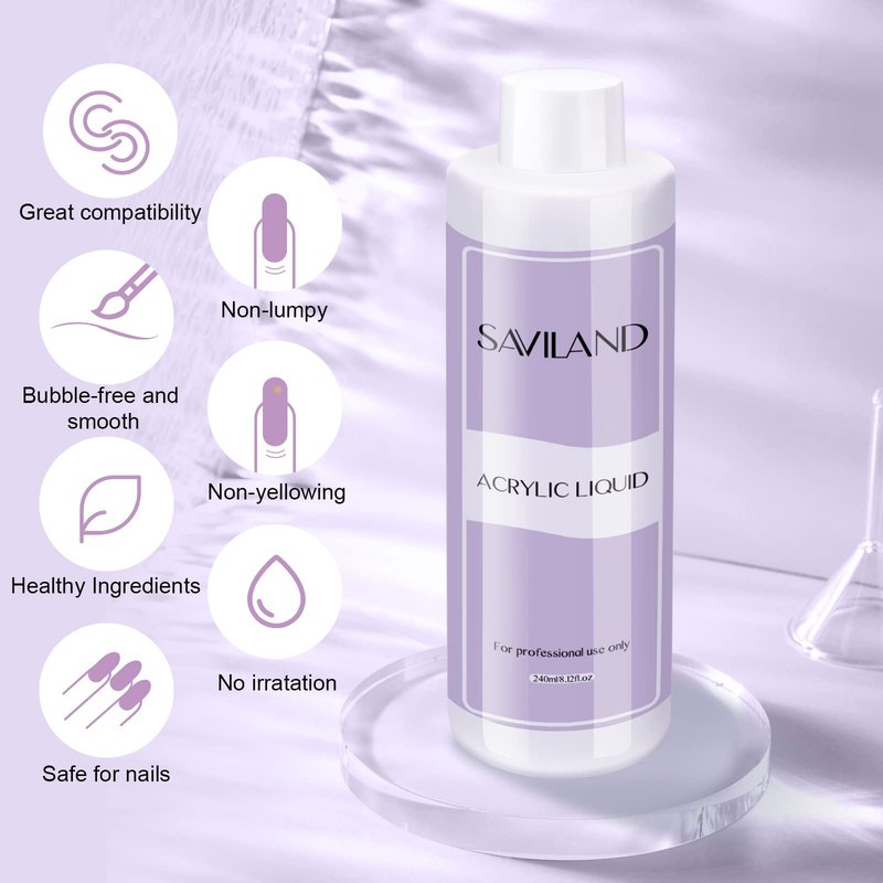 SAVILAND Acrylic Liquid - 8 oz Acrylic Liquid for Acrylic Powder Low Odor Non-Yellowing Professional Acrylic Nail Supplies for Nail Salon Home DIY
