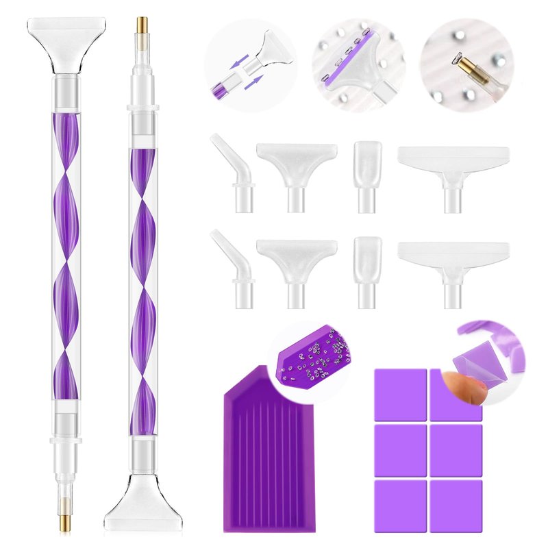 Eudaicful Rhinestone Picker Tool Kit: 2Pcs Rhinestone Applicator Handle, Dual-Ended Bedazzling Tools Pen with 12 Upgraded Plastic Replacement Tips, Clay for DIY Nail Art Craft (Purple)
