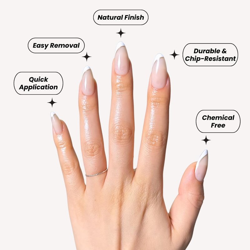 PerfectLook Press On Nails - Short Almond French Tip with Gold Line | 24 Pcs Nude Glossy Nail Kit