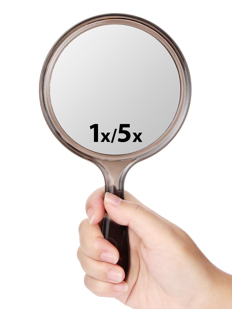 Macaki Double-Sided Handheld Mirror with 1X/5X Magnification, Perfect for Travel and Makeup, 8.3" L x4.5 W,Transparent Black, 1PC