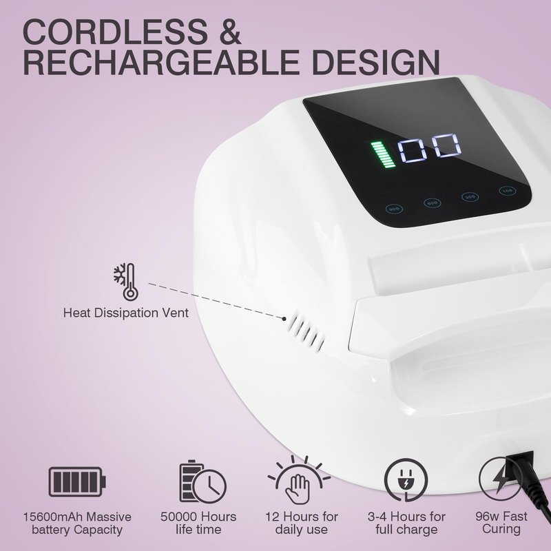 NailFace Rechargeable UV LED Nail Lamp, 96W Cordless Nail Dryer Wireless UV Gel Nail Polish Curing Light with 42 Beads LCD Smart Sensor 4 Timer Settings