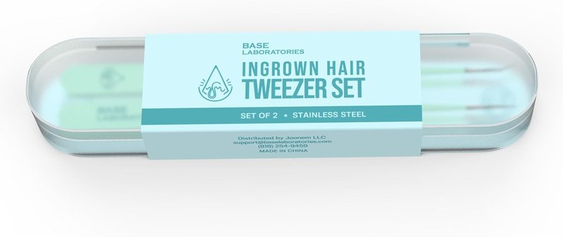 Base Labs Ingrown Hair Tweezers Set - Precision Curved & Pointed Stainless Steel Tweezers | 2 Pack with Protective Case for Razor Bumps & Facial Hair Removal