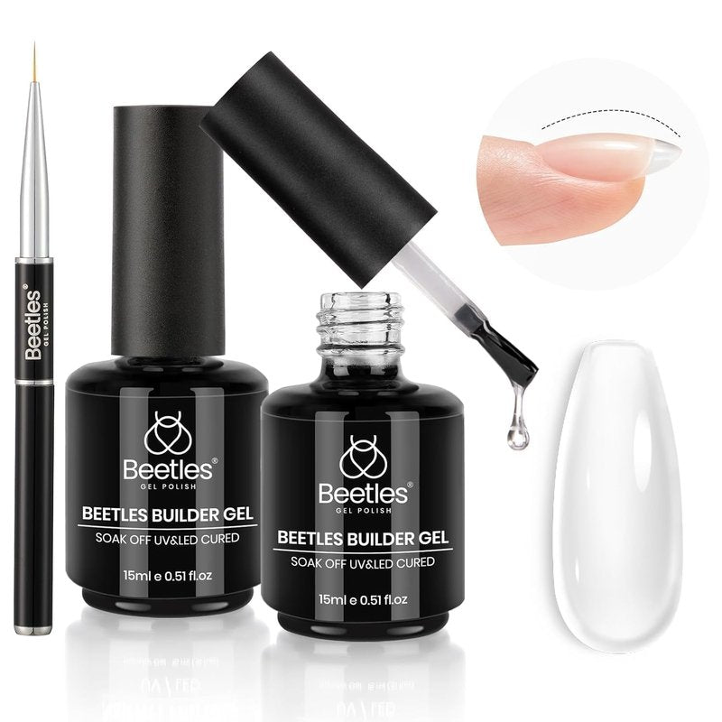Beetles Builder Gel Kit-Dew Glow 2Pcs 0.51oz 8 in 1 Nail Extension Building Nail Apex Strengthener for Thin Nails with Liner Brush DIY Salon at Home for Beginners,UV & LED Lamp Needed