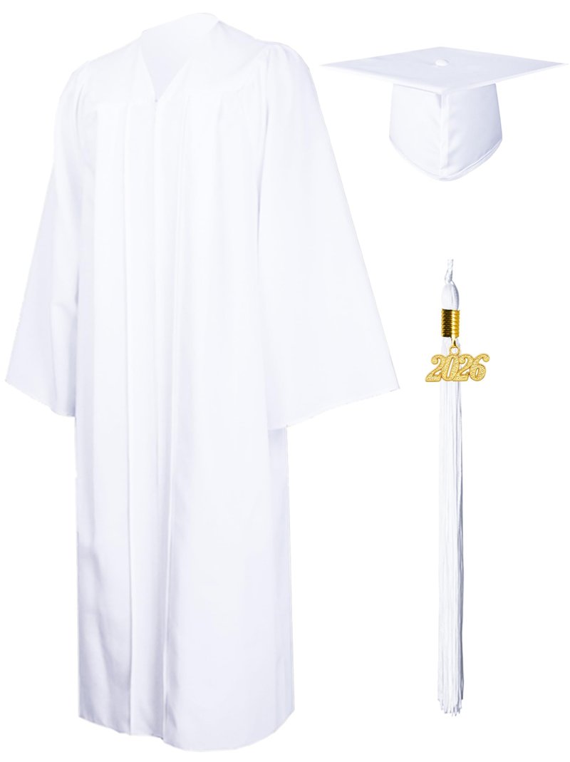 GraduationMall Matte Graduation Gown Cap Tassel Set 2026 for High School and Bachelor White 48(5'3"-5'5")
