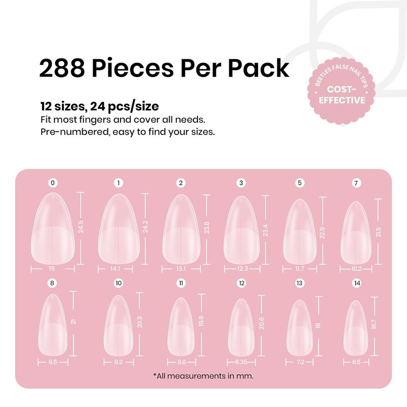 Beetles Medium Almond Gel Nail Tips - 288PCS Matte Clear False Acrylic Nails | 12 Sizes for Easy DIY Salon Use