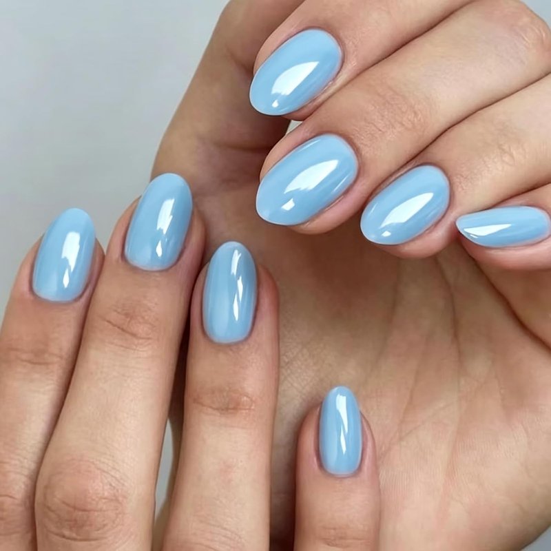 Baby Blue Chrome Press-On Nails - Short Oval Bling Glazed Design | 32PCS Salon Quality Full Cover Set