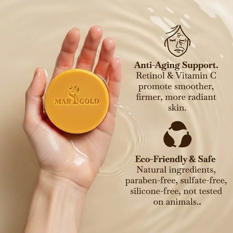 Marigold glow Kojic Acid Soap bar Dark Spot remover with Turmeric for Face and Body Cleanser Bar with Vitamin C Retinol Collagen Hyaluronic Acid, 3.5 Oz Pack of 2