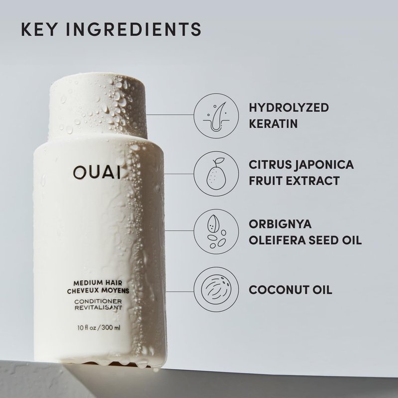 OUAI Medium Conditioner - Hydrating Hair Conditioner with Coconut Oil, Babassu Oil, and Keratin - Strengthens, Repairs and Adds Shine - Paraben and Phthalate Free Hair Care Products (10 Oz)