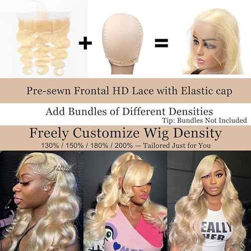 Pre-sewn 13x4 Frontal HD Lace with Elastic Cap ? Body Wave Human Hair Frontal with Baby Hair, Bleach & Dye Friendly, Beginner Friendly 14 Inch 613 Blonde