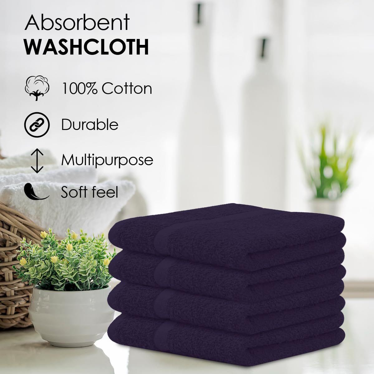 Avalon Towels Plum Washcloths Bulk Pack of 36 (12x12 inches) - 100% Cotton Washcloths & Face Towels - Highly Absorbent & Soft Wash Cloths for Showering, Wash Rags for Body & Face Cloths