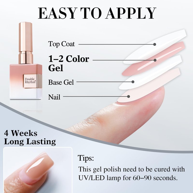 Double Rhythm 15 ML Gel Polish Pure Sheer Same Color Same Bottle Soak Off Gel Polish Nail Art Manicure Salon DIY at Home for Women (Jelly Nude-A1368)