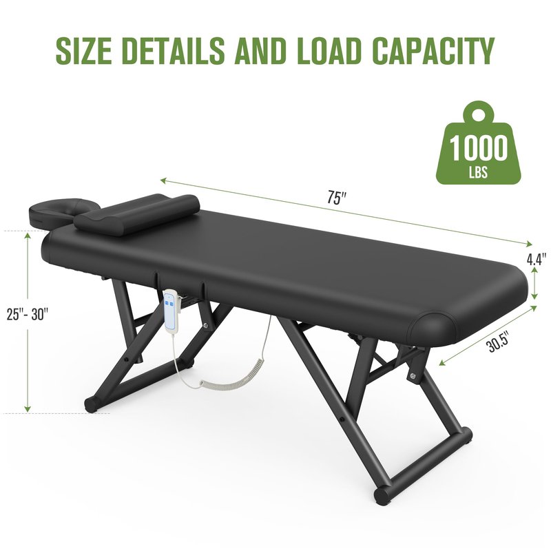 Electric Stationary Massage Table - Adjustable Massage Table with Manual Adjustable Backrest & Electric Leg Height , Treatment Tables with C-Shaped Pillow, Metal X-Frame, PU Leather for Beauty, Spa