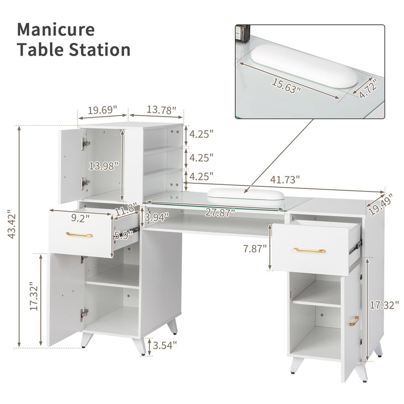 JLBVI Manicure Table, Nail Makeup Desk with Glass Top, Wrist Rest, Beauty Salon Workstation for Spa Beauty Salon w/ 3 Side Cabinets+2 Removable Shelves+2 Drawers+3 Layers Open Cabinet+1 Open Drawer