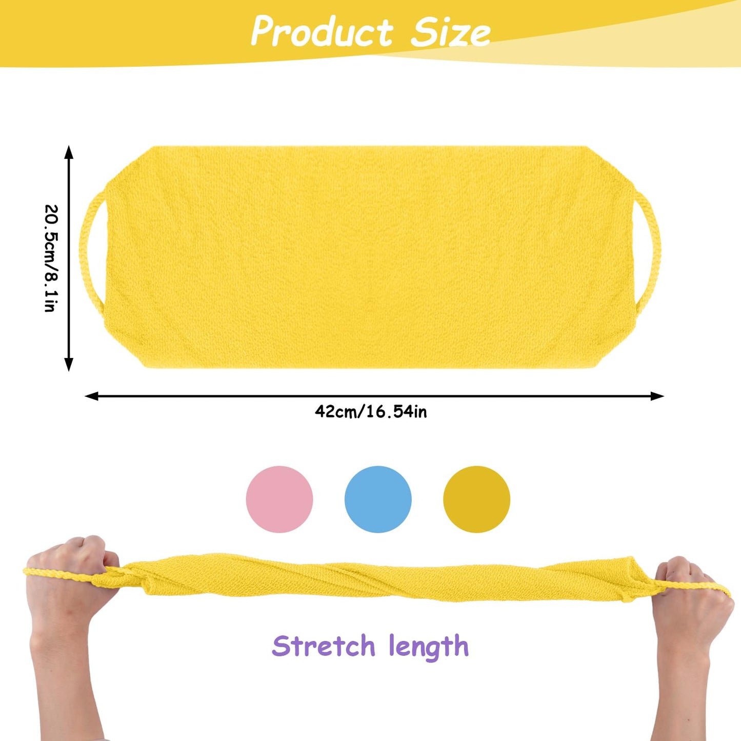 Body Wash Towel, 3 Pcs Double-Sided Back Exfoliator Body Scrub Towel, Nylon Back Scrubber with Handles, Stretchable BackWasher for Shower for Women Men(Blue, Pink, Yellow)
