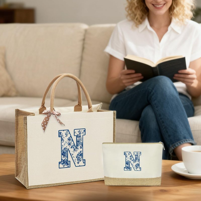Monogrammed Tote Bags for Women, Initial Tote Bag, Personalized Bags for Women, Personalized Birthday Wedding Gift for Womens Friends Wife Mom Brides Monogram N Bag and Makeup Pouch With Zipper