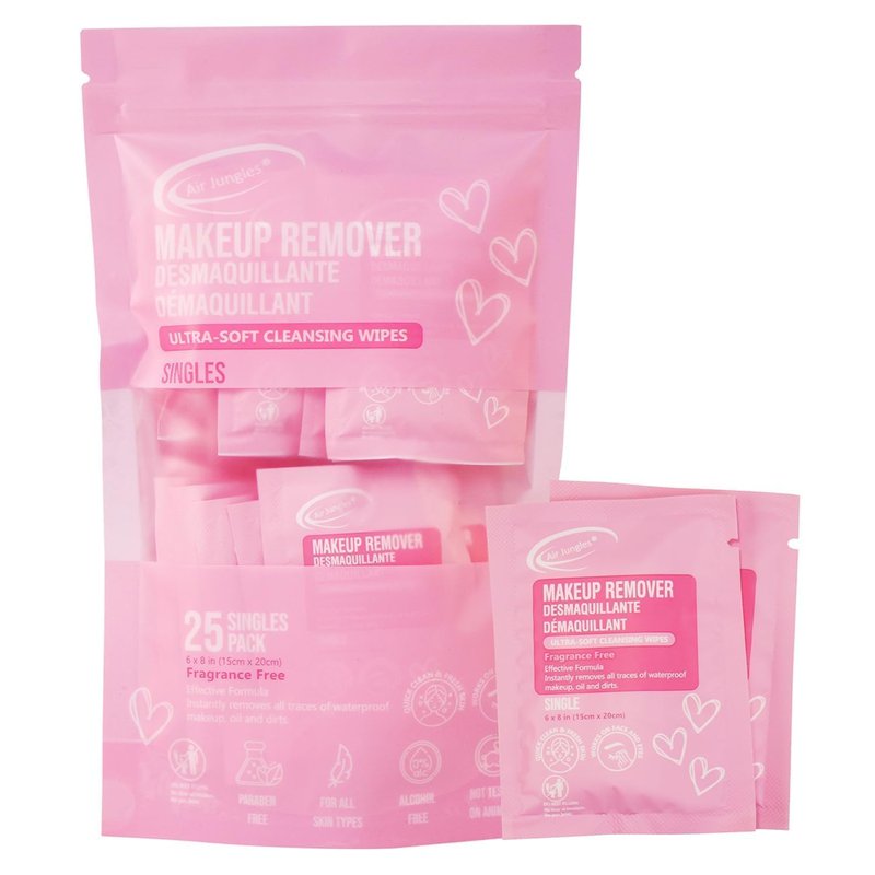 Air Jungles Pink Micellar Makeup Remover Wipes - 25ct Individually Wrapped Travel Size Facial Cleansing Wipes with Vitamin E, Gentle Face Wipes for Sensitive Skin, Gift for Women & Girls