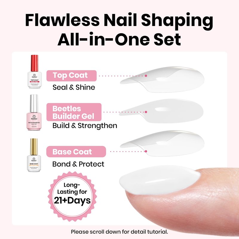 Beetles Builder Gel Nail Kit with Base and Top Coat 15ml – HEMA Free Milky White Builder Gel with Nail Art Liner Brush, Soak Off UV LED Gel for Nail Strengthening, Extension & Long Lasting Manicure