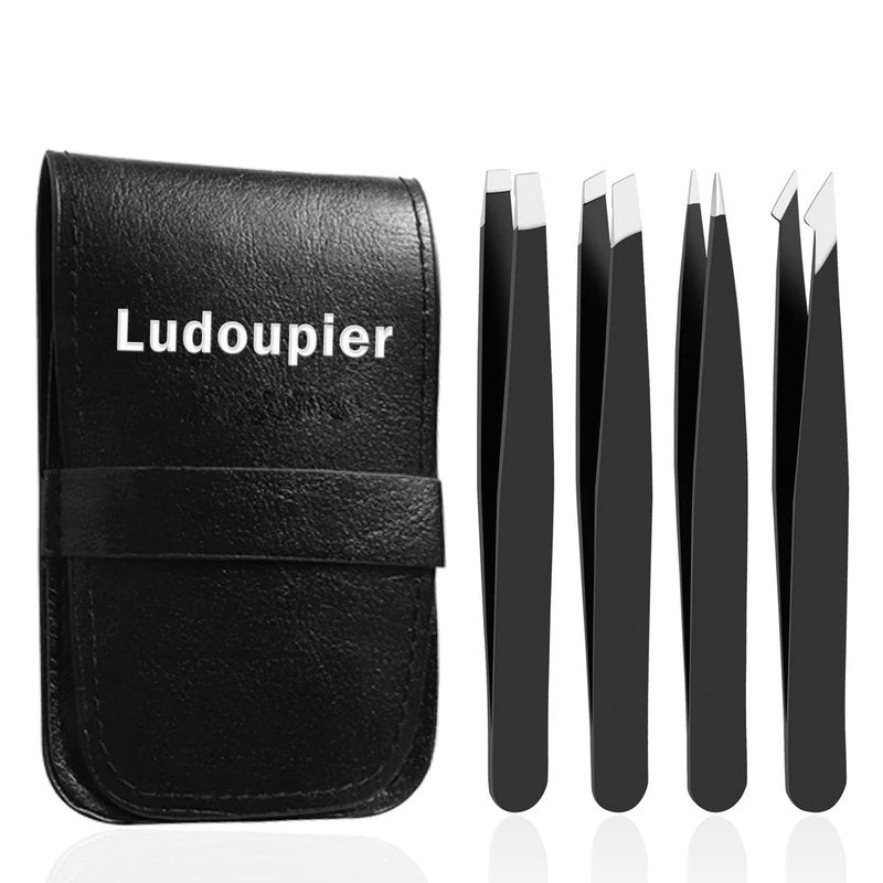 LUDOUPIER Precision Tweezers Set - 4+1 Pieces with Travel Case | Anti-Rust Alloy for Eyebrow & Ingrown Hair Removal