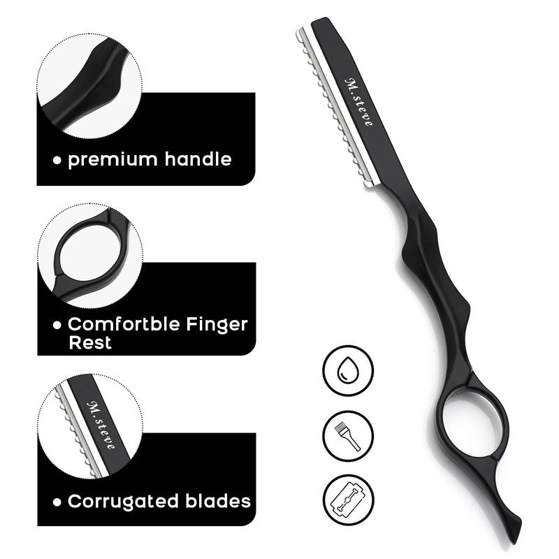 M.steve Hair Razors For Cutting Hair 6.89",Professional Styling Thinning Texturizing Cutting Razor with Replacement Blades,Ideal for Salon/Home -11PCS Black