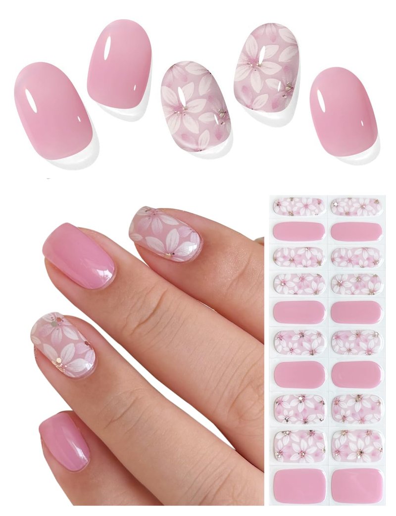 AutyaMee Semi Cured Gel Nail Strips (Violet), Pink Flower, 20 Pcs Gel Nail Wraps, Stickers, Salon Quality, Long Lasting, Works with Any UV Lamps