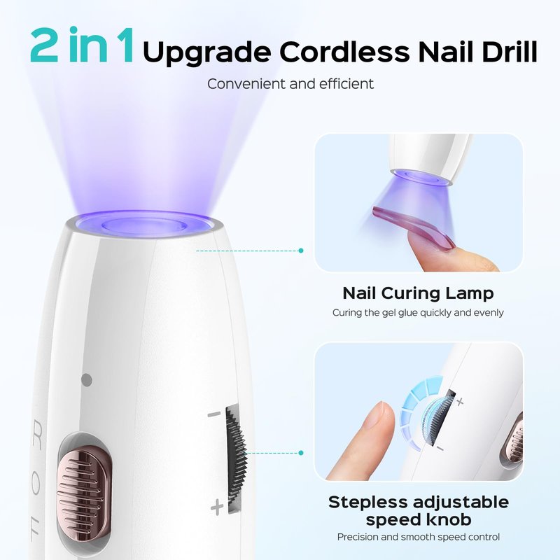 COSLUS Cordless Nail Drill Electric C41(END04): 2-in-1 Nail File with Flash Cure for Acrylic Gel Dip Powder Nails, Stepless Control for Beginner Home DIY, Portable & Professional Pedicure Kit