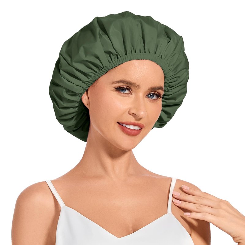 Shower Cap for Women Waterproof Reusable, Large Shower Cap Non-Slip with Elastic Band, Washable Bath Hair Hat for Long Hair, Braids (Dark Green)