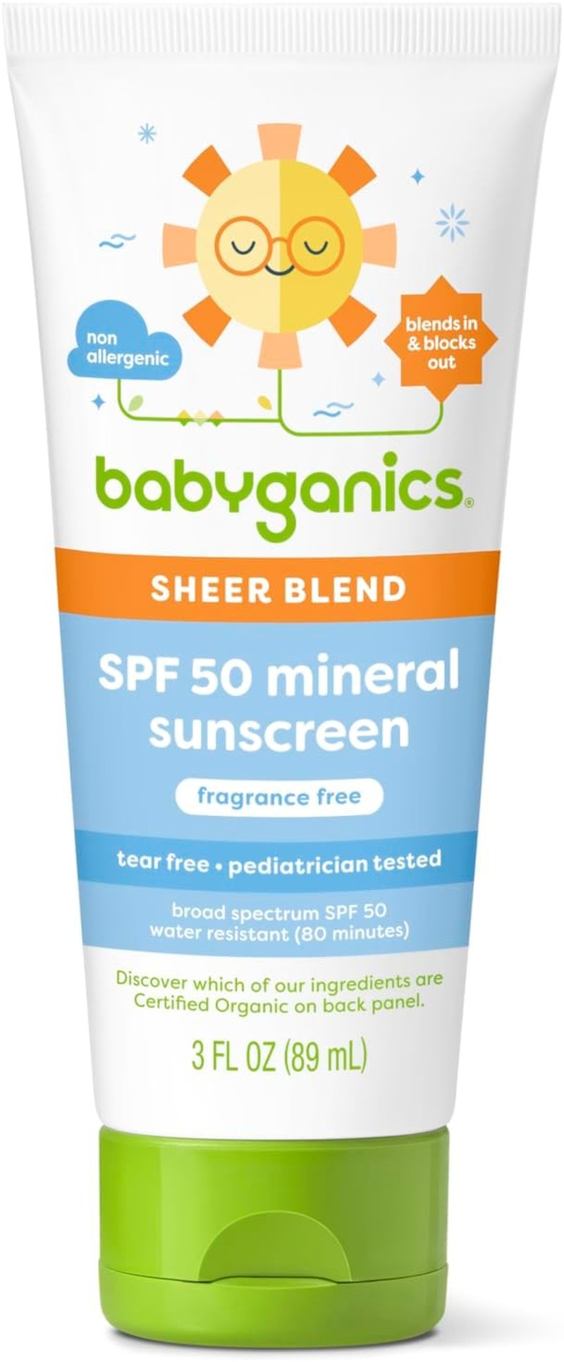 Babyganics SPF 50 Mineral Sunscreen Lotion - Sheer Blend, UVA/UVB Protection, Water Resistant, 3 oz