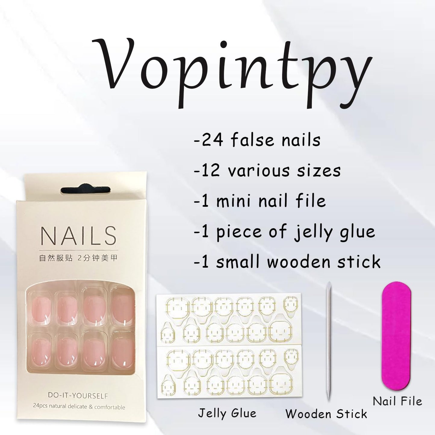 Skiennix White French Tip Press-On Nails - Glossy Pink Short Square Reusable Full Cover | DIY Nail Art