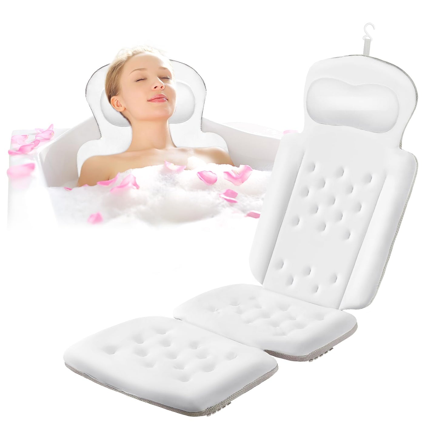Luxury Full Body Bath Pillow for Bathtub, Bath Pillows for Tub with Mesh Laundry Bag, Cushion for Bathtub Headrest Neck Back Support - 5D Air Mesh & Quick Drying | White 51" x 16"