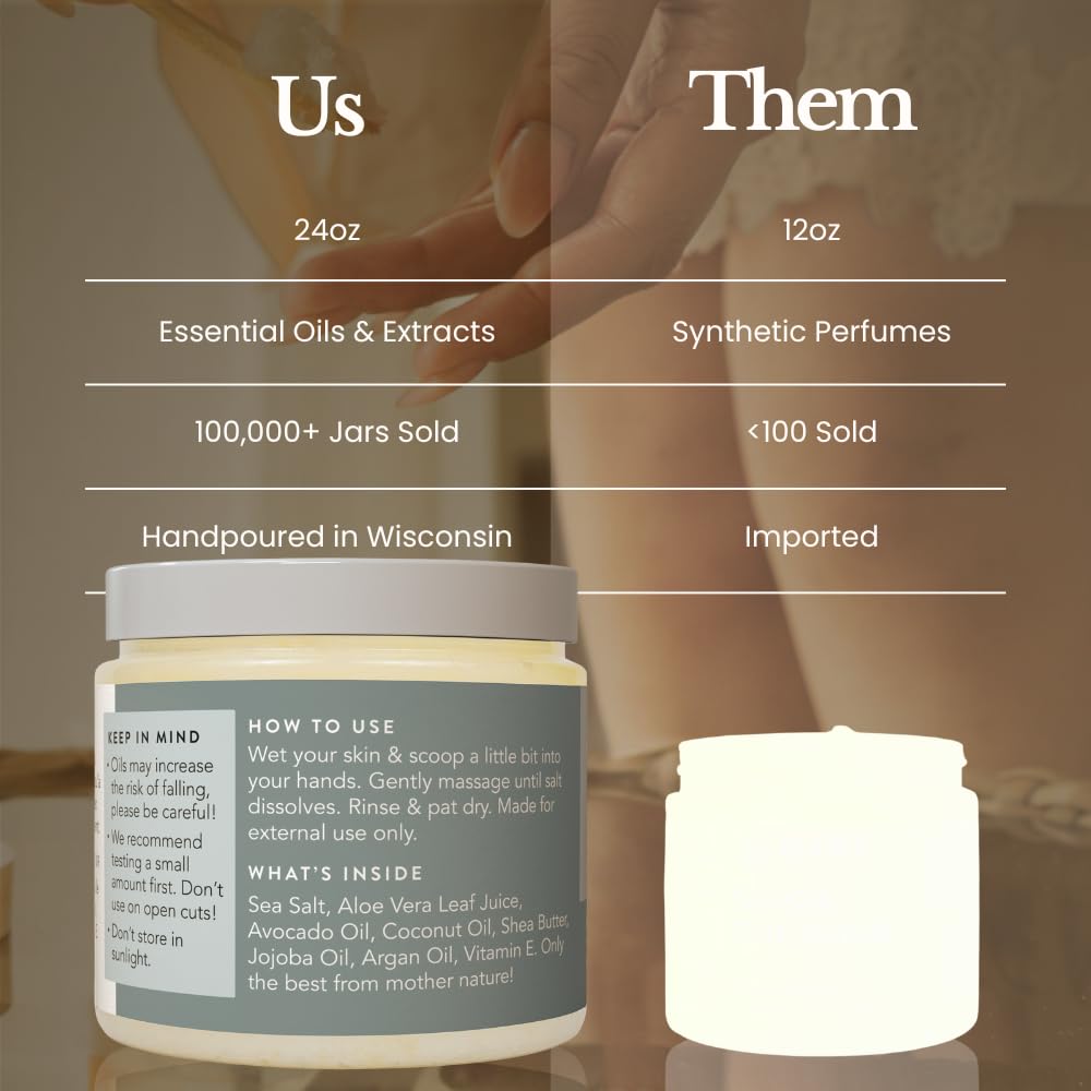 Bare Botanics 24oz Unscented Sea Salt Body Scrub | Non-toxic, Vegan & Cruelty-free | Made in Madison, WI | Full Body Exfoliator & Hydrating Moisturizer with a Cute Wooden Spoon