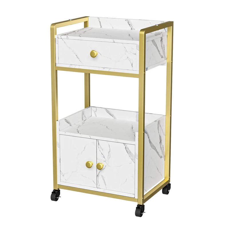 OmySalon Salon Trolley Cart - Mobile Esthetician Cart with Drawer for Beauty Spa | White Marble Finish